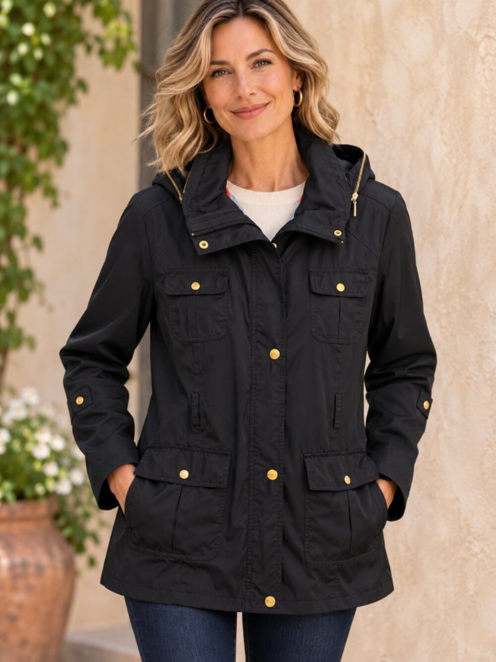 Ellen Tracy Women's PL Petite Large Black Hooded Rain Jacket Gold Utility